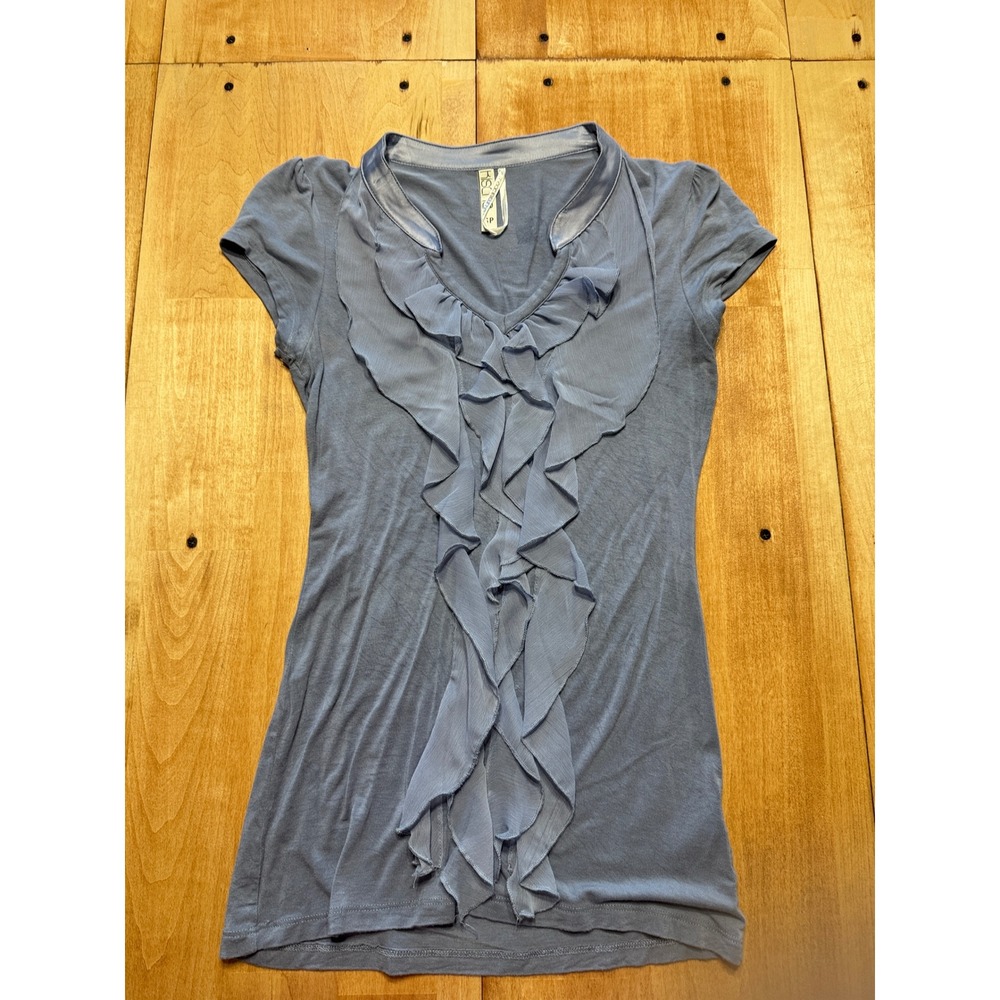 Kische Women Blue Ruffle V-Neck Cap Sleeve Stretch Top Small Petite